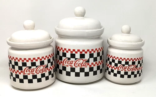 VINTAGE 1997 Coca-Cola 3-Piece Jar Set | Black & Red Checkered | Great Condition