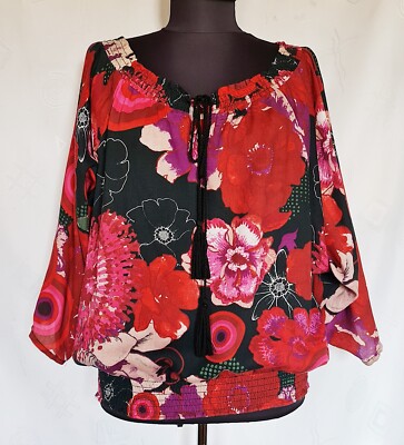 AUTHENTIC DESIGUAL EMBROIDERY LOGO FLORAL WOMENS TUNIC BLOUSE SIZE US 6 S EU 34
