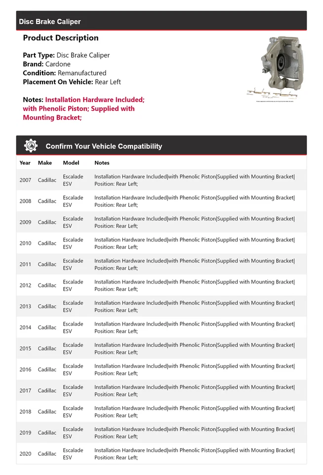 Pinza de freno de disco trasera izquierda Cardone 2008 para Cadillac Escalade ESV 2007-2020 Foto 2 de 4