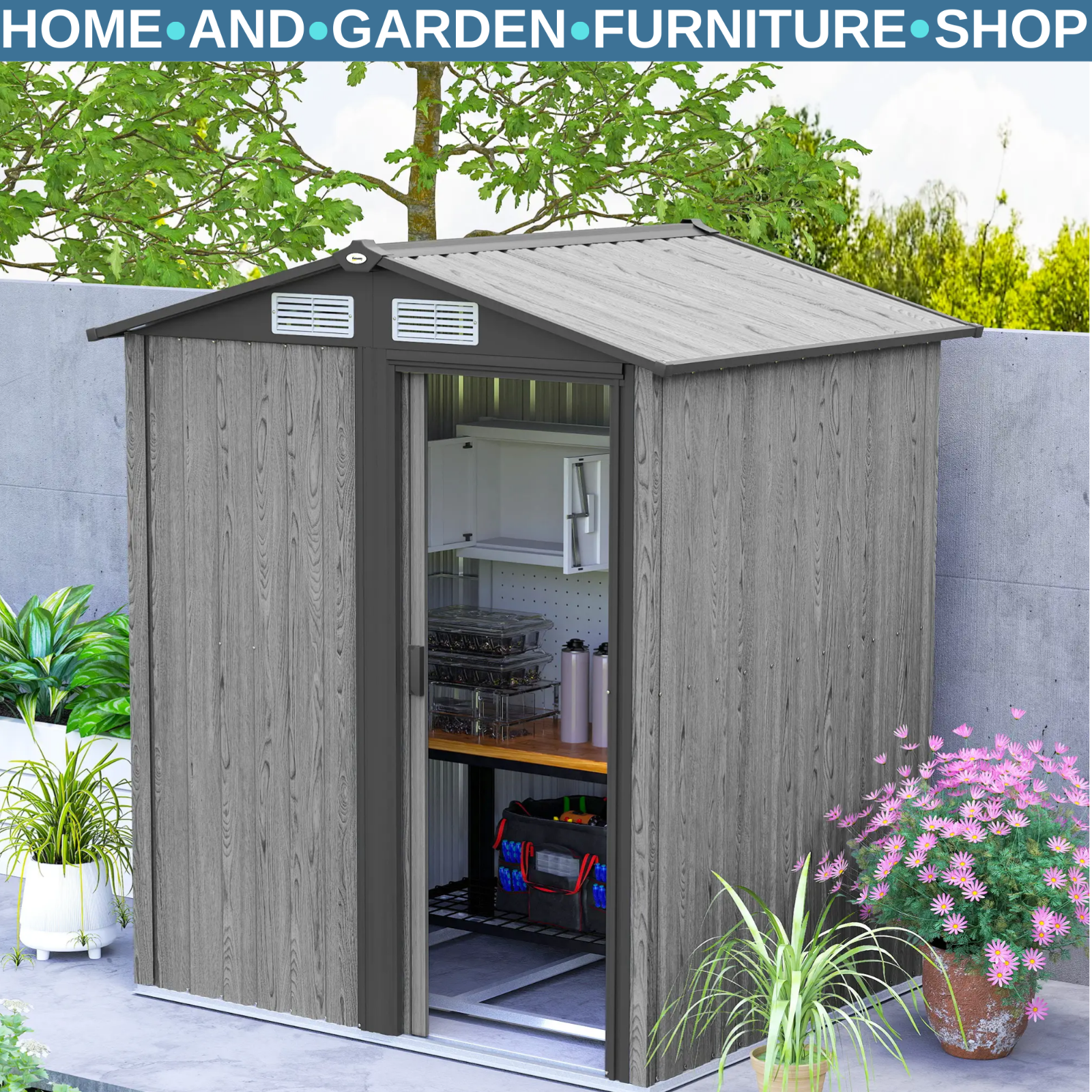 Outsunny Grey Wood Effect 5Ft X 4.3Ft Outdoor Garden Storage Shed - Image 2