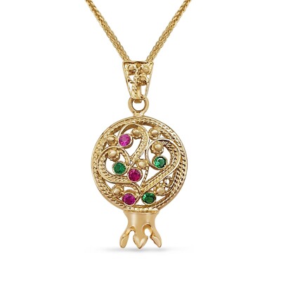 14K Gelbgold grüner Smaragd rosa Rubin filigran Granatapfel Anhänger