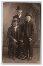 Vintage 1910's RPPC Postcard - Portrait Victorian Men in Suits Wearing Derbies