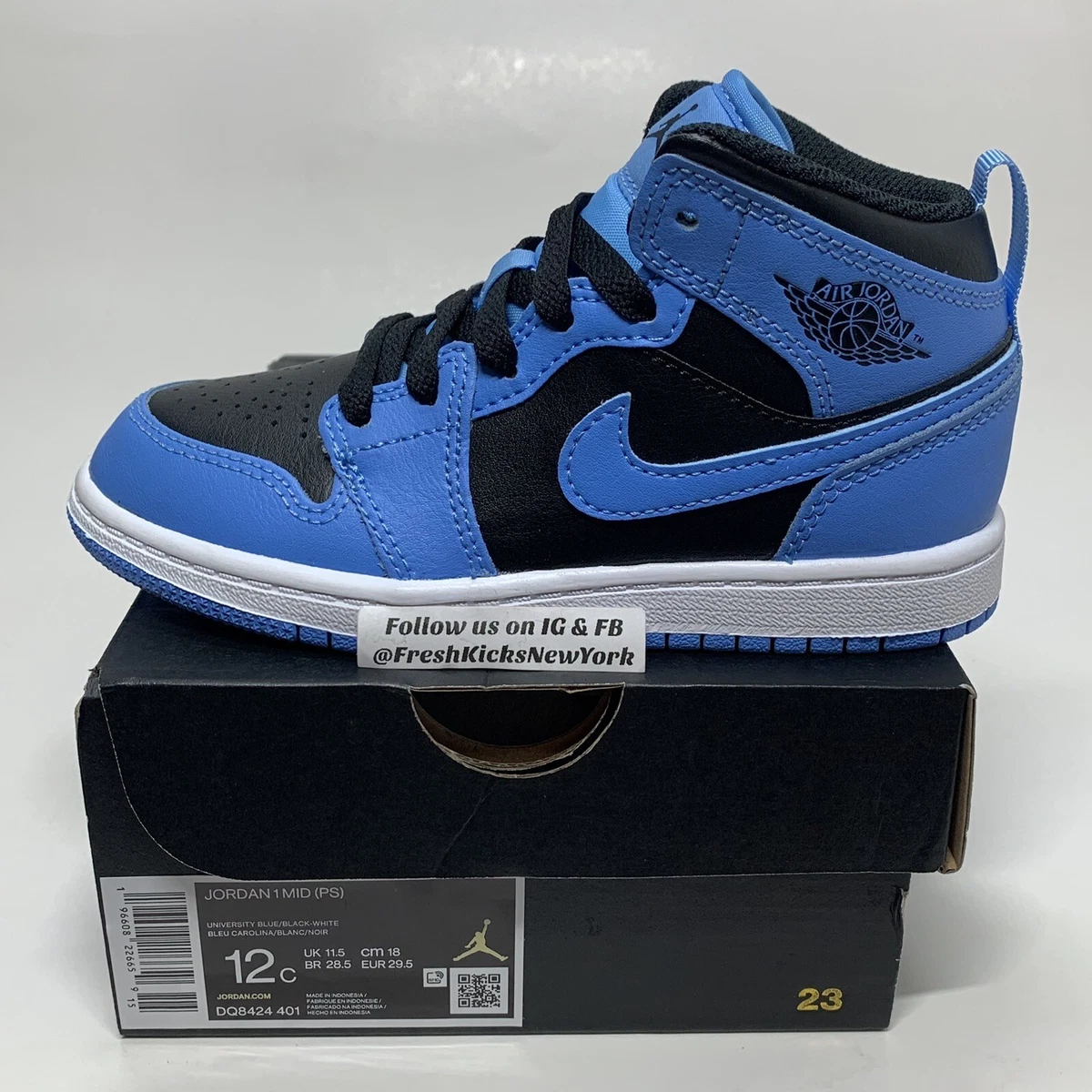 Jordan 1 Mid University Blue Black Pre School Size 12c DQ8424 401