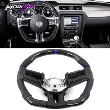 Fit 2010-2014 Mustang Steering Wheel Carbon Fiber Leather Blue Stitch Ring