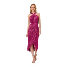 Adrianna Papell Crinkle Metallic Halter Midi Dress Sz 2 Magenta New