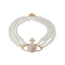 Saturn Pearl Necklace White Pearl Choker Necklace for Women Crystal Rhineston...