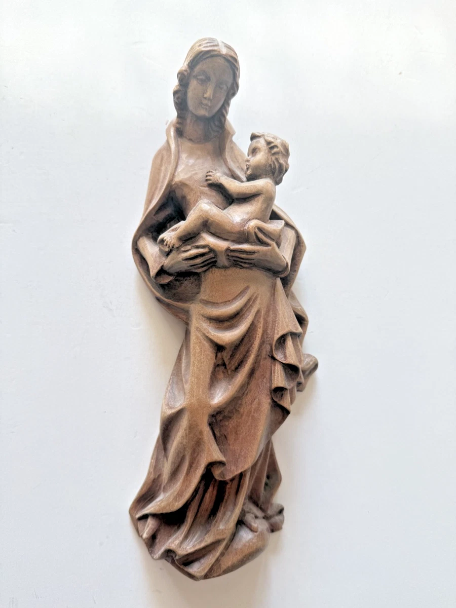 Holzfigur Wandrelief Maria mit Kind geschnitzt mit Öffnung z. Aufhängen ca. 26cm