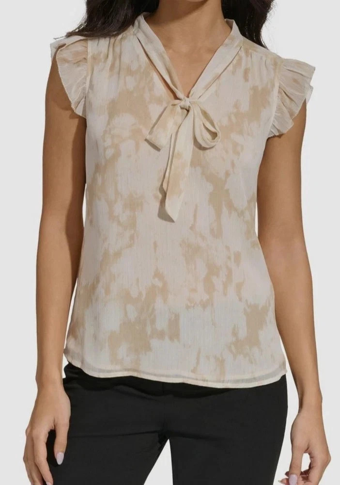 Calvin Klein Womens Tie-Neck Peasant Blouse Beige Medium