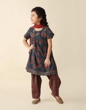 Fabindia Blue  Red Cotton Printed Salwar Set - Tunic  Pants - 6-8 Yrs