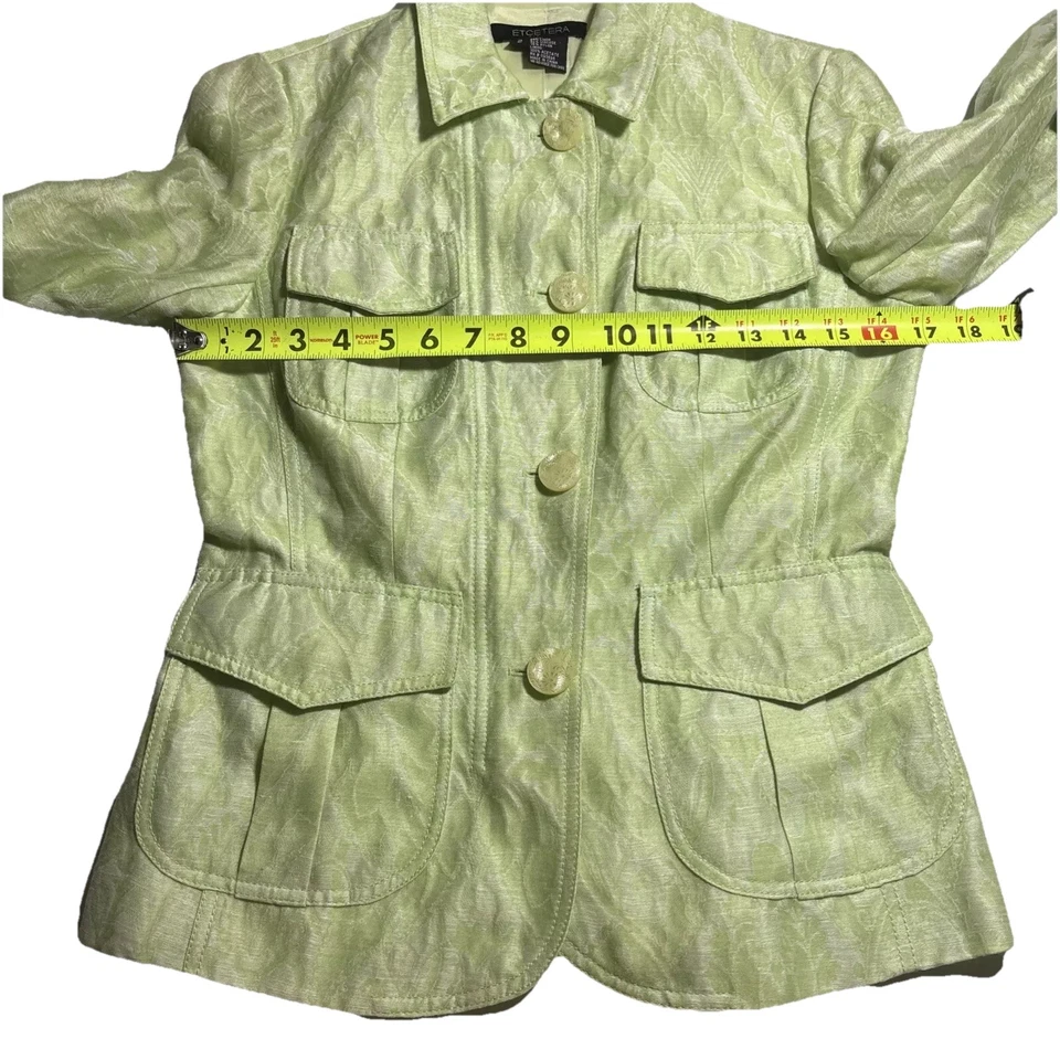 Chaqueta de traje Etcetera verde mezcla de lino para mujer talla 2 botones y cremallera floral Foto 2 de 4
