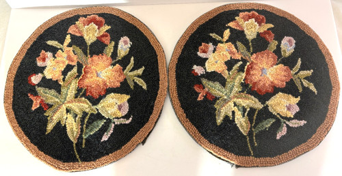 Set of 2 Hand Hooked Crewel Wool Floral Chair Pads 14” Round Cottage Core