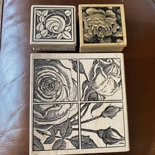 NEW Lot 3 Flower Floral Rubber Stamps Magenta Window Frame Wood