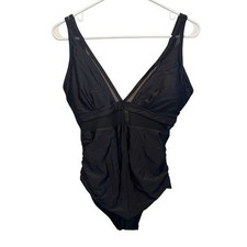 Black V-Neck Mesh Panel Ruched One Piece Swimsuit Adjustable Straps Medium NEW