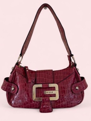 Guess Red Croc Embossed Shoulder Bag Y2K Patent Faux Alligator Baguette Purse