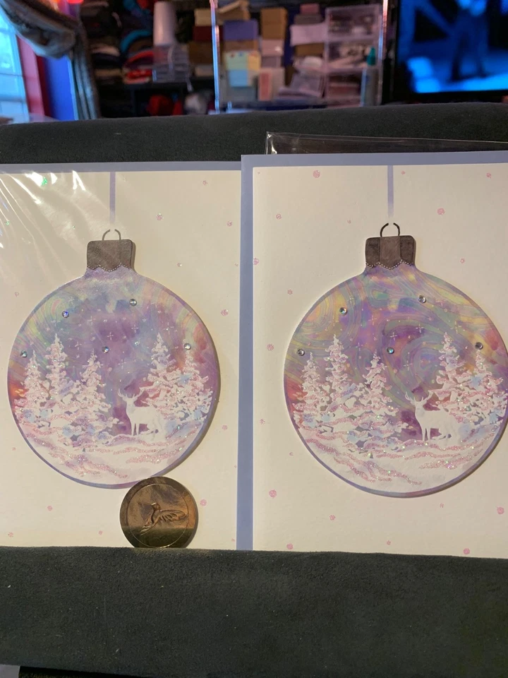 Set of 2! Papyrus Christmas Cards! Beautiful Purple Iridescent Ornament! - Image 3 of 4