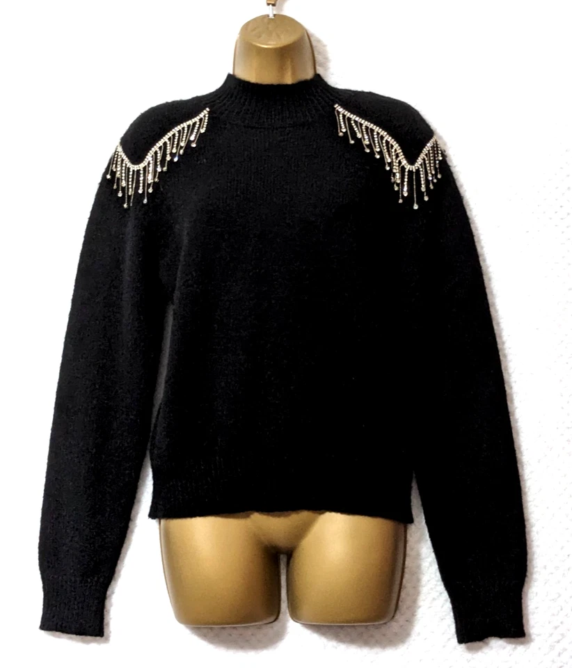 QUIZ Black Embellished Shoulder Soft Knit Jumper Sz 10-12 Long Sleeve Xmas Party - Image 4 of 4