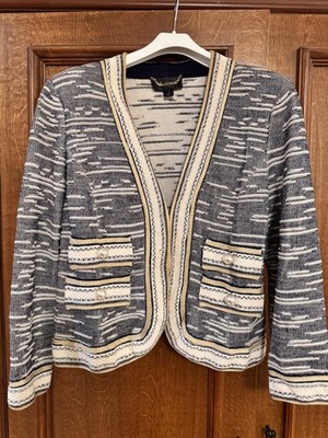 St John Couture wool tweed blue jacket with pearl on pocket flaps: size 14