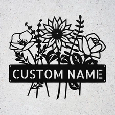 Personalized Floral Bouquet Metal Sign Name Wall Decor Gift for Flower Lovers