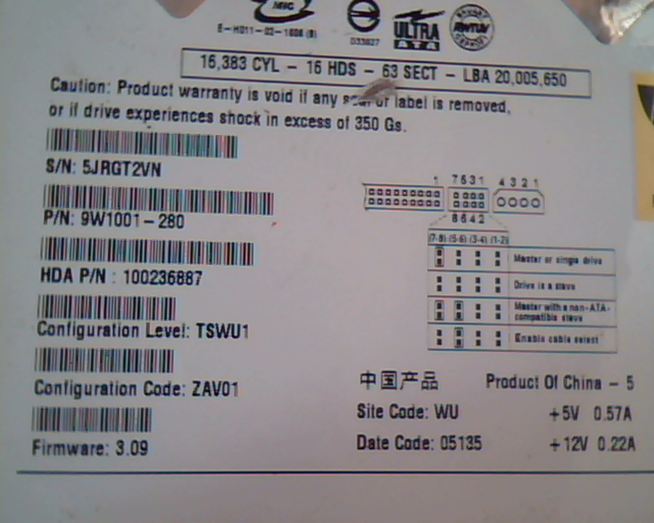 Hard Disk Drive IDE Seagate ST310014ACE 9W1001-280 100236887 ZAV01  