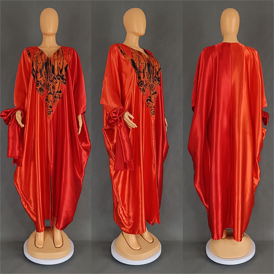 Satin Kaftan African Women Plus Size Robe Dashiki Headscarf Dress
