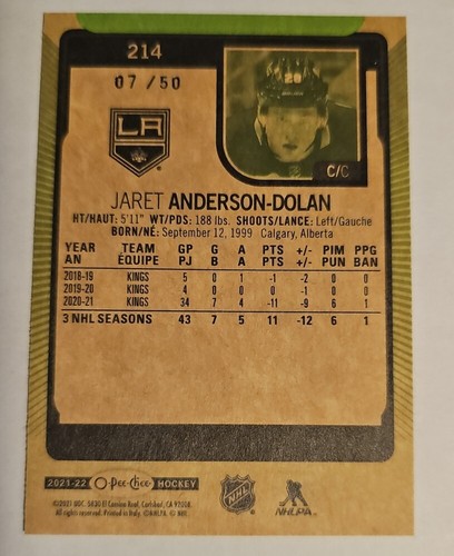 2021-22 OPC O-Pee-Chee Neon Green Border #214 Jaret Anderson-Dolan # 07/50 Kings - Bild 2 von 2