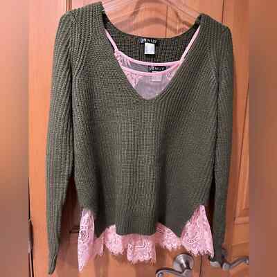 NWOT Venus Army Green & Pink Lace Camisole, LS Sweater, 2 Came Together, Size XS
