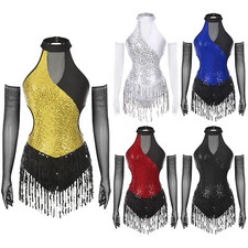 Womens Jumpsuit Stage Outfits Sleeveless Dress Dancing Figure Skating Ballroom
