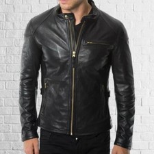 New Mens Black Leather Jacket Slim Fit Biker Motorcycle Genuine Leather Coat