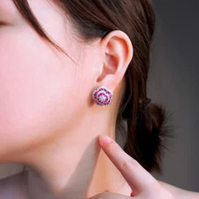 Women Wedding Rose Red Flower Stud Earrings Silver Plated Cubic Zirconia Jewelry