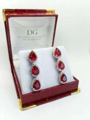 Ohrringe Weißgold-Finish Birnenschliff roter Rubin und kreierter Diamant Dubai Palme 