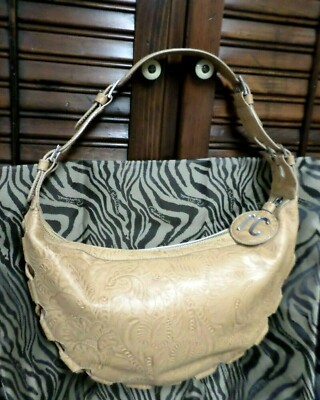 Roberto Cavalli Shoulder Bag Tan Hand Tooled Leather $880 NEW
