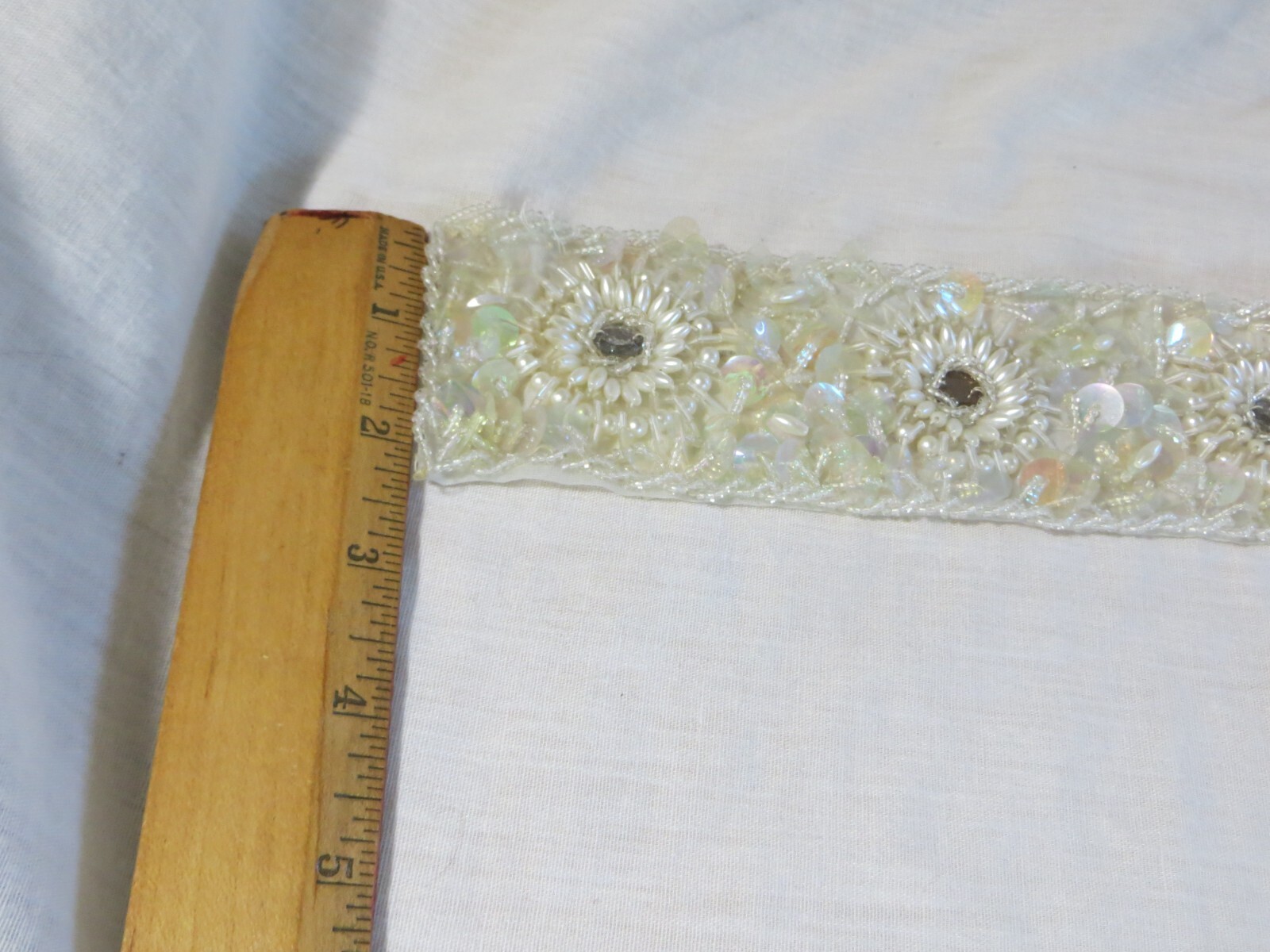 Vintage Roth Co. Embroidered Sequin Faux Pearl Bridal Trim Fabric 13.25 x 2.25" thumbnail 6