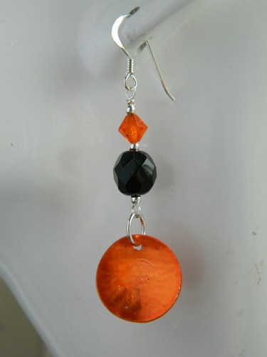 Metallic Orange MoP Shell Discs, French Jet, Crystal & Sterling Silver Earrings - Picture 6 of 14