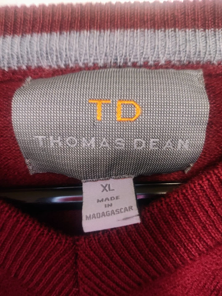 Suéter Thomas Dean 100% Ex Lana Merino Fina Borgoña Cuello en V Talla XL Preppy Foto 2 de 4