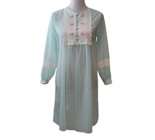 Gilead Womens Vtg Mint Green Lace 1/4 Button Lightweight Semi Sheer Nylon Robe S