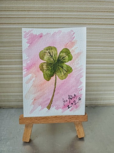 aceo original painting 2.5 x 3.5 watercolor lucky four leaf clover