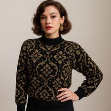 Vintage 80s Alfred Dunner Black Gold Lurex Sweater M Made in USA Holiday Glam