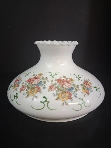 Vintage GWTW 10in Green/ Multicolor Floral Hurricane Oil Milk Glass Lamp Shade