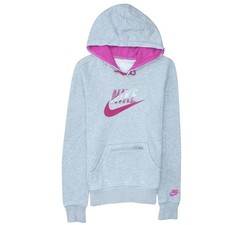Nike Womens Hoodie Grey Pink Logo Hooded Fleece Raglan Kangaroo Pocket XS