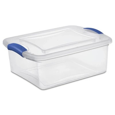 Sterilite 15 Quart Latch Box, Clear Plastic Storage Bin with Clear Lid, Blue