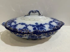 RIDGWAYS LADAS Royal SemiPorcelain Flow Blue Covered Dish Tureen L11 1/2 England
