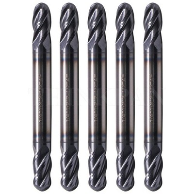 5Pcs 1/4'' 4 Flute Solid Carbide Ball Nose End Mill - Double End - AlTiN Coated