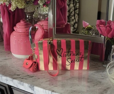 Victoria's Secret Makeup bag YOU CHOOSE COLOR stripes w/lipstick case FREE SHIP!