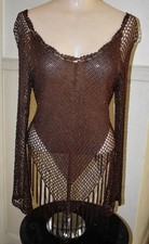 Vtg Long Sleeve Sheer Crochet Top Fringed Brown Beaded Y2K gypsy boho fairy Y2K