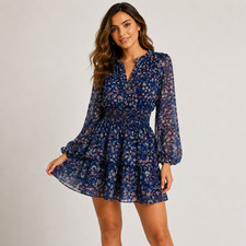 AQUA Blue Floral Long Sleeve Smocked Waist Mini Dress Size Small Boho Chiffon