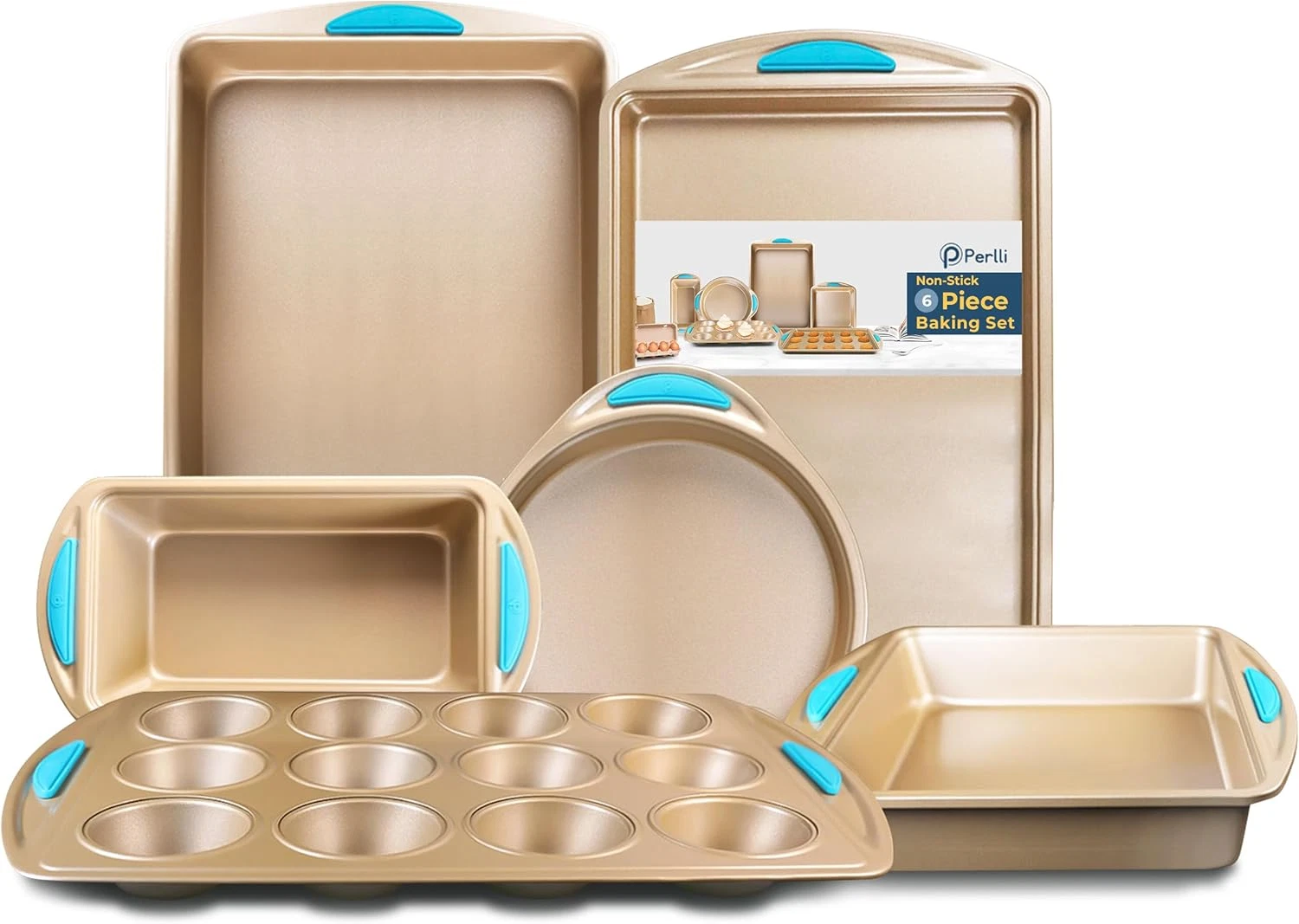 Baking Kit: Nonstick Gold Steel Oven Set- 6PC round Cake Pan,Loaf Pan,Square Pan