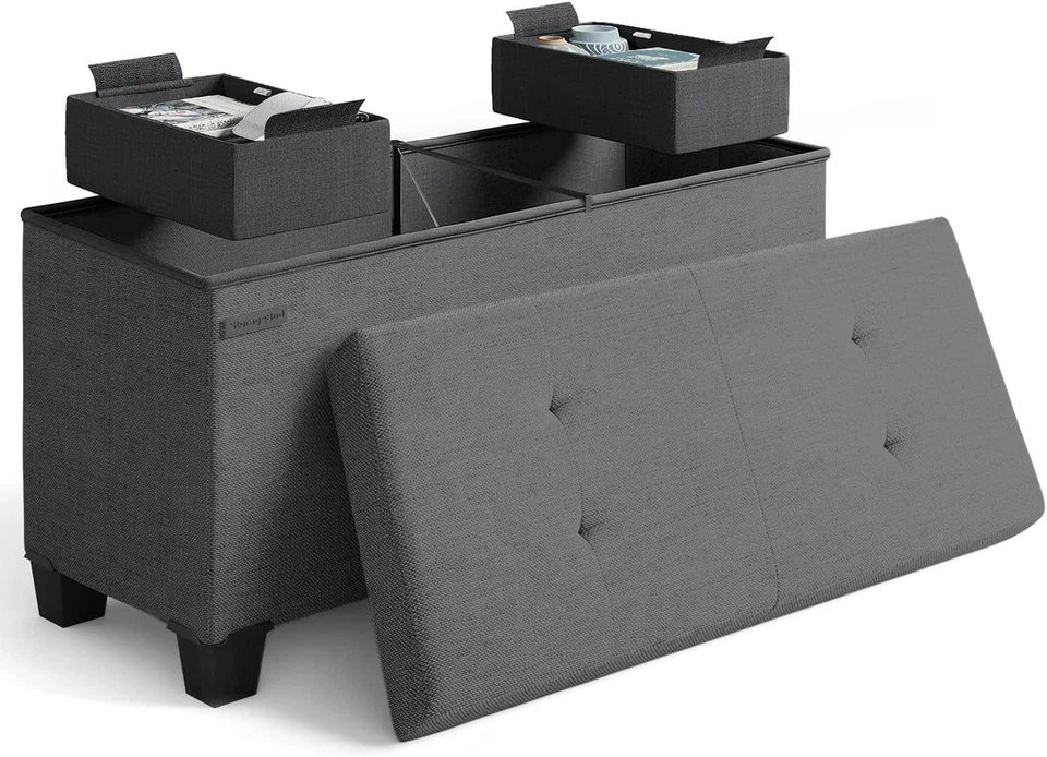 Multi-Purpose Folding Ottoman Bench – Elegant 30-Inch Storage Solution in Grey - Image 3 of 4