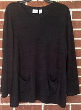 Weekends by Chico’s Black Fuzzy V-Neck Sweater with Front Pockets Size 2 (Lg)