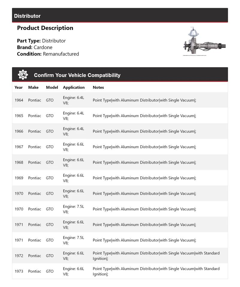 Para Pontiac GTO 1964-1973 Distribuidor Cardone 1965 1966 1967 1968 1969 1970 1971 Foto 2 de 4