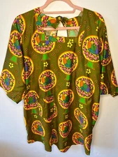 VTG MOD 60'S DESIGN HOUSE PARTRIDGE PEAR TREE FLORAL PRINT OPEN SMOCK APRON*S/M